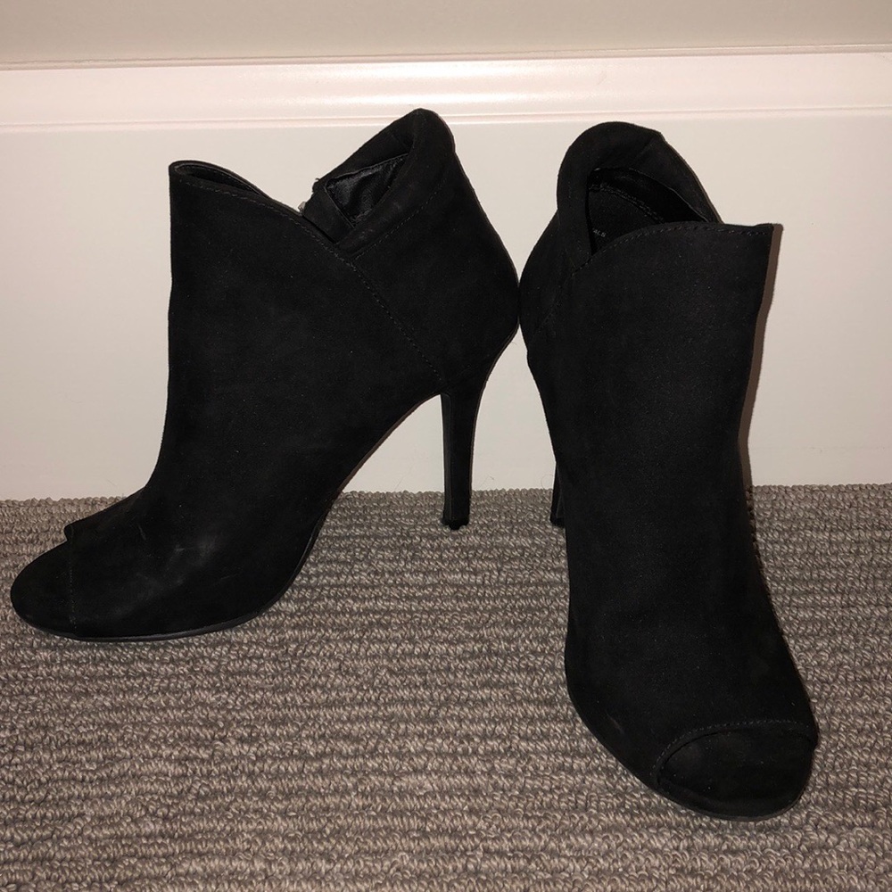 Black suede open toed booties